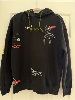 Desigual Black Graphic Hoodie Size S Oversized Fleece Lined Art Sweatshirt